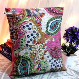 Floral Kantha Pillow Cover Bohemian Embroidered Cushion - 24x24 - thumbnail 1