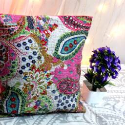 Floral Kantha Pillow Cover Bohemian Embroidered Cushion - 24x24 - thumbnail 3