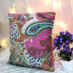 Floral Kantha Pillow Cover Bohemian Embroidered Cushion - 24x24 - thumbnail 2