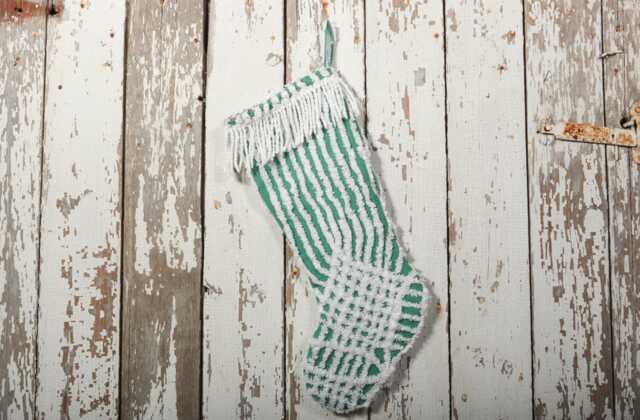 Fluffy Green & White Vintage Chenille Christmas Stocking With Matching Cuff - Wedding Ring, Flower - image 1
