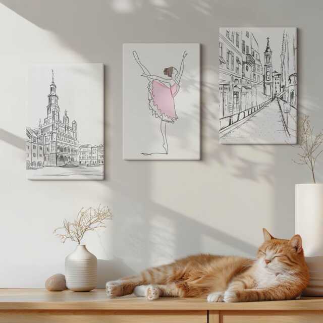 Canvas Art Set Of 3 - Stylish Images Dancing Ballerinas & Architecture, White Print, Travels Wall Decor - image 1