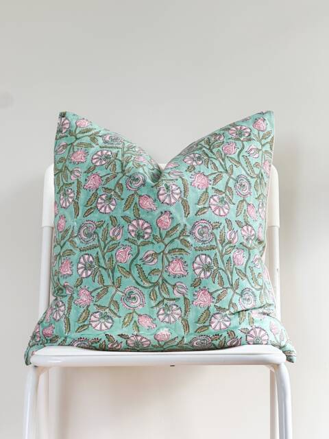 Block Print Pillow Cover Floral Batik, Ethnic Farmhouse Decor - 20x20 - image 1