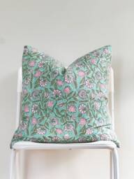 Block Print Pillow Cover Floral Batik, Ethnic Farmhouse Decor - 20x20 - thumbnail 1