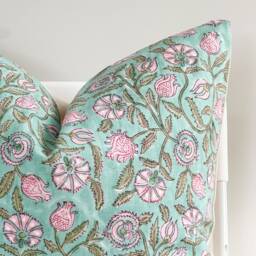 Block Print Pillow Cover Floral Batik, Ethnic Farmhouse Decor - 20x20 - thumbnail 2