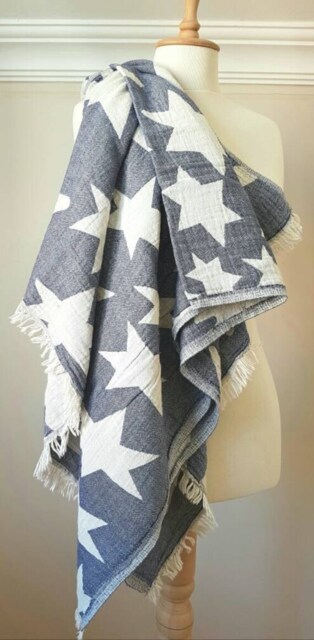 Beach Towel With Stars - Navy Blue Stonewashed Pure Cotton Star Fouta Fashion Bathroom Ultra Soft Towel Wrap - image 1