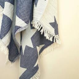 Beach Towel With Stars - Navy Blue Stonewashed Pure Cotton Star Fouta Fashion Bathroom Ultra Soft Towel Wrap - thumbnail 2