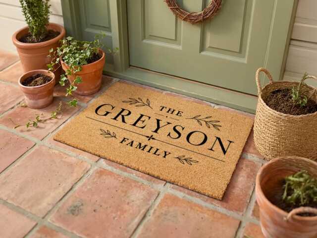 Personalised Family Name Doormat - Bold Typographic Olive Branch - Custom Last Welcome Mat Housewarming Gift - image 1