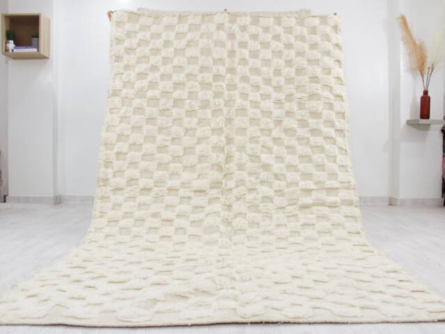 White Checkered Beni Ourain Rug, Checkerboard Handmade Berber Solid Custom Size Moroccan Genuine Lamb Wool - image 1