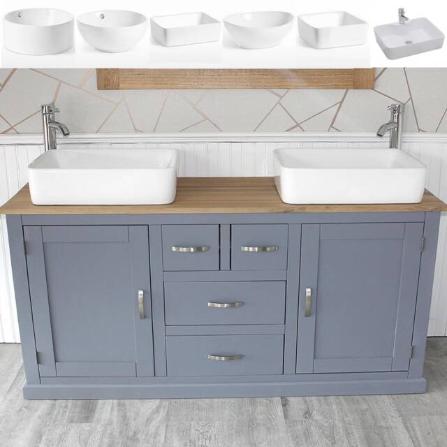 Grey Painted Bathroom Oak Vanity Unit - Double & Sink Cabinet Ceramic Wash Basin Tap & Plug 603Gcbc - image 1