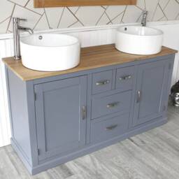 Grey Painted Bathroom Oak Vanity Unit - Double & Sink Cabinet Ceramic Wash Basin Tap & Plug 603Gcbc - thumbnail 2