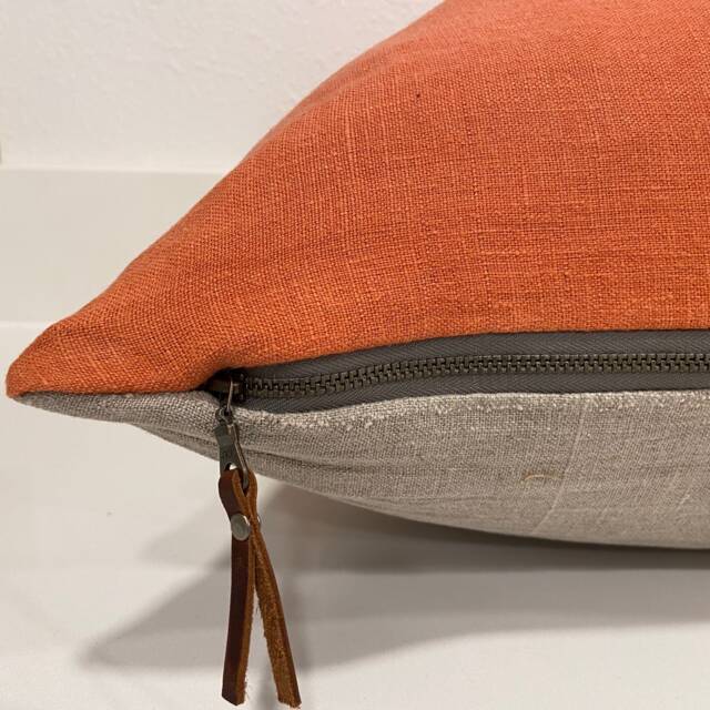 "Orange Pillow Cover Linen 100% Exposed Zipper-Leather Pull 20x20"" 22x22"" 24x24"" 14x24" - image 1
