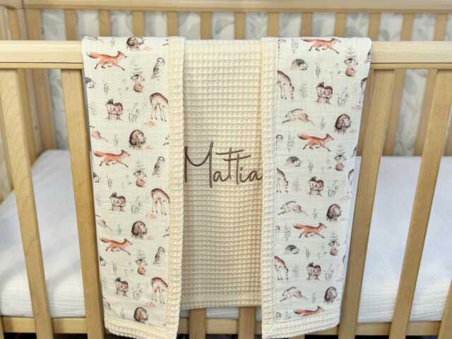Personalized Baby Blanket With Name - Organic Muslin & Waffle Cotton, Fox Design, Keepsake Gift For New Mom, Woodland Nursery - image 1