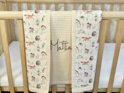 Personalized Baby Blanket With Name - Organic Muslin & Waffle Cotton, Fox Design, Keepsake Gift For New Mom, Woodland Nursery - thumbnail 1