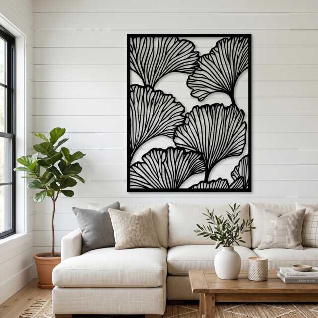Metal Ginkgo Leaf Wall Art, Modern Botanical Line Decor, Large Bedroom Hanging Sign - image 1