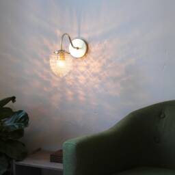 Brass Gooseneck Sconce Lamp, Modern Wall Mounted Lighting Fixture, Textured Acorn Glass Shade, Or Black, Wire in Plug - thumbnail 3