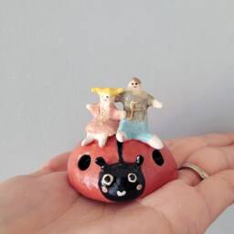 Personalised Little Persons Or Family On Ladybird Handmade Ceramic Figurine. Siblings Family Best Friends Kids Childrens Custom Gift Idea - thumbnail 4