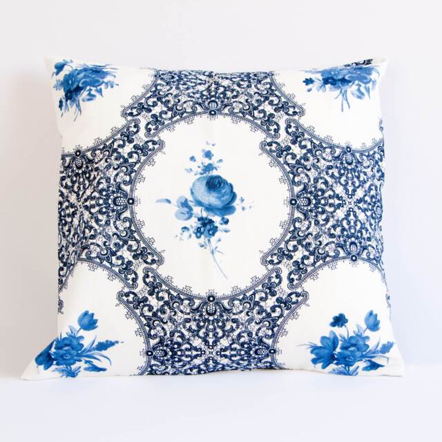 Blue Floral Pillow Cover, Blue & White Cushion Rose Romantic Throw Pillow, Botanical - image 1