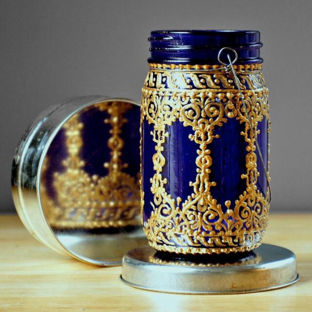Henna Mason Jar Boho Desk Organizer, Bohemian Tealight Holder - image 1