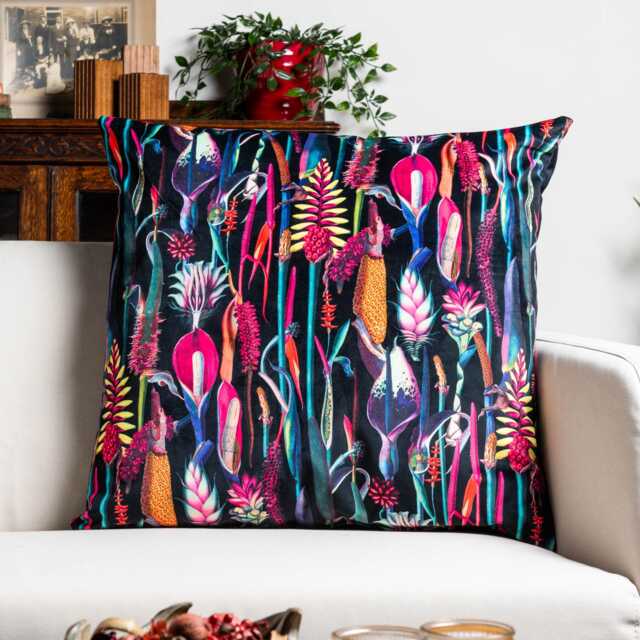 Midnight Garden Velvet Extra-Large Cushion. Bright Jeweled Neon Florals. Soft Chenille. 23x23 - image 1