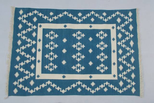 Multiple Sizes Indigo Blue Cotton Rug Dhurrie - Beautiful Colour & White - image 1