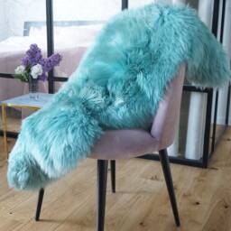 Sheepskin Light Blue Aqua Color Throw Genuine Leather Wool Carpet Dyed Decorative Rug Light Blue Comfy, Cozy, Hair Is Very Thick, Shiny - thumbnail 3