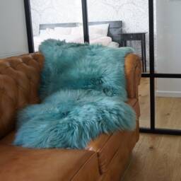 Sheepskin Light Blue Aqua Color Throw Genuine Leather Wool Carpet Dyed Decorative Rug Light Blue Comfy, Cozy, Hair Is Very Thick, Shiny - thumbnail 2
