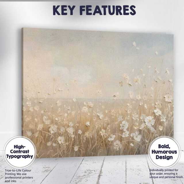 Delicate Ivory Wildflower Meadow Neutral Botanical Landscape Canvas Wall Art Print Decor Picture Ready To Hang - image 1