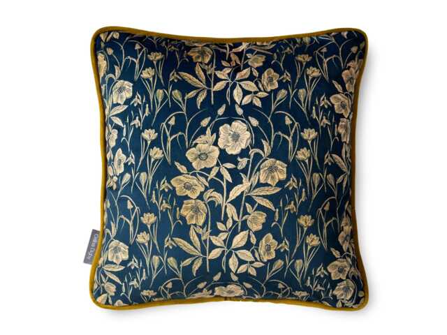 Celina Digby?? Luxury Designer Velvet Cushion Cover Pillow, Floral Design With Gold Piping, Four Seasons Spring, Navy Blue & Gold, in 2 Sizes - image 1