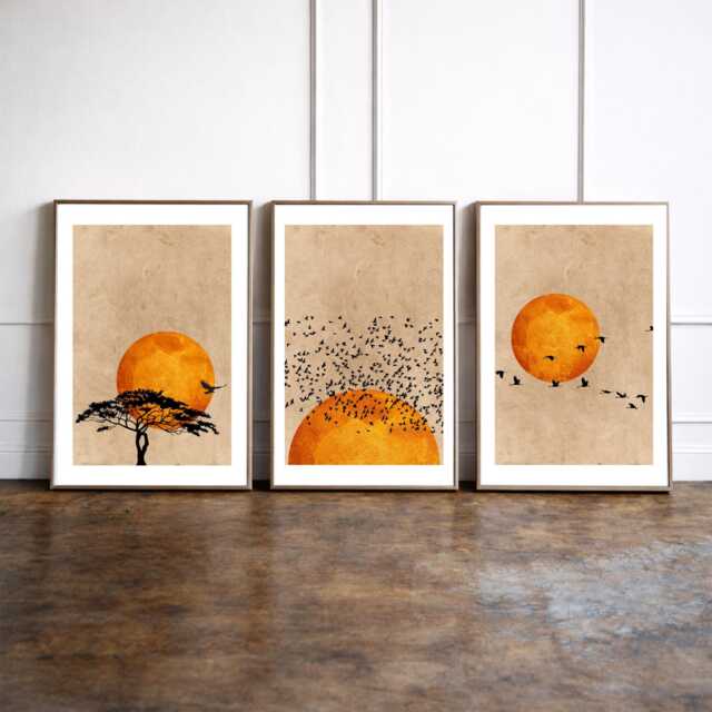 Orange Sunset Wall Art Set Of 3 Prints, Minimalist Bird Art, Boho Sun Triptych, Mid Century Modern Decor, Nature - image 1