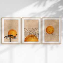 Orange Sunset Wall Art Set Of 3 Prints, Minimalist Bird Art, Boho Sun Triptych, Mid Century Modern Decor, Nature - thumbnail 3