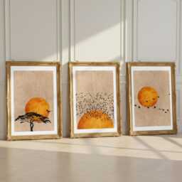 Orange Sunset Wall Art Set Of 3 Prints, Minimalist Bird Art, Boho Sun Triptych, Mid Century Modern Decor, Nature - thumbnail 2