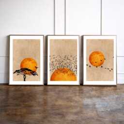 Orange Sunset Wall Art Set Of 3 Prints, Minimalist Bird Art, Boho Sun Triptych, Mid Century Modern Decor, Nature - thumbnail 1