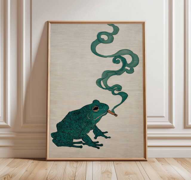 Smoky Frog Poster, Surrealist Animal Art Print, Modern Boho Wall Art, Whimsical Green Artwork, Contemporary Home Decor - image 1