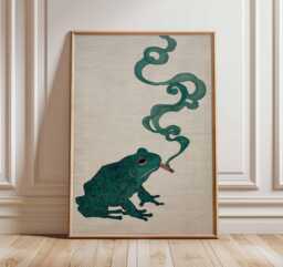 Smoky Frog Poster, Surrealist Animal Art Print, Modern Boho Wall Art, Whimsical Green Artwork, Contemporary Home Decor - thumbnail 1