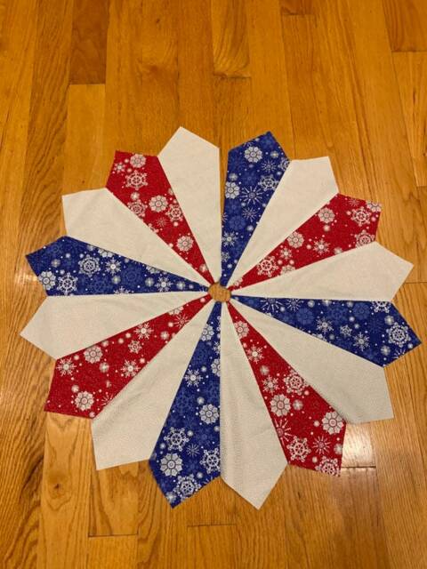 Quilted Patriotic Christmas Tree Skirt Red, White, & Blue Snowflake Decor - image 1