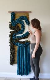 Abstract Wall Art Wall Hanging - Green Macrame Modern Fiber Art - Vertical Sculptural Tapestry - thumbnail 1