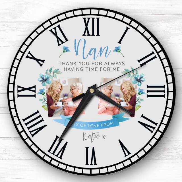 Nan Photo Flowers Blue Banner Grey Personalised Gift Clock - image 1