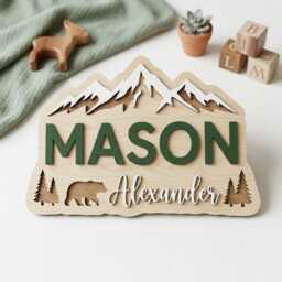 Personalized Woodland Nursery Name Sign, Custom Wooden Baby Mountain Decor, Forest Animal Wall Art, Boy Room Decor - thumbnail 1