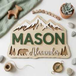 Personalized Woodland Nursery Name Sign, Custom Wooden Baby Mountain Decor, Forest Animal Wall Art, Boy Room Decor - thumbnail 3