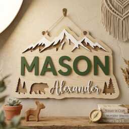 Personalized Woodland Nursery Name Sign, Custom Wooden Baby Mountain Decor, Forest Animal Wall Art, Boy Room Decor - thumbnail 4