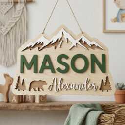 Personalized Woodland Nursery Name Sign, Custom Wooden Baby Mountain Decor, Forest Animal Wall Art, Boy Room Decor - thumbnail 2