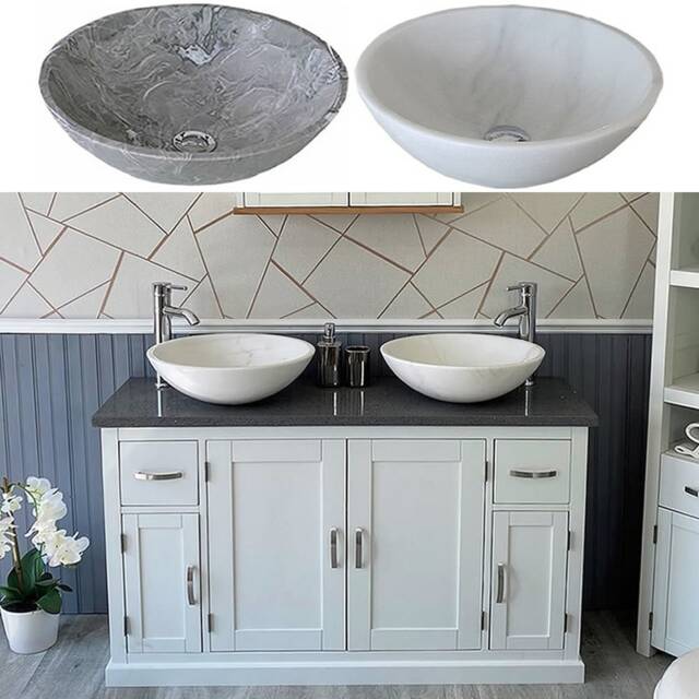 White Painted Bathroom Vanity Unit Cabinet Stone Basin Tap Set Grey Quartz Top 402Pgqsbcx2 - image 1