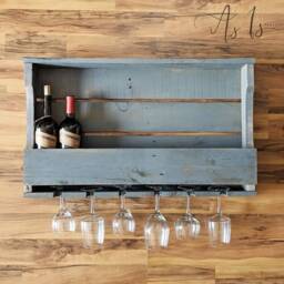 Reclaimed Wood Wine Rack With Glass Hanger Rustic Farmhouse Bar - thumbnail 2