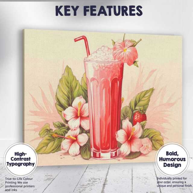 Pink Strawberry Smoothie Hibiscus Tropical Drink Canvas Wall Art Print Decor Picture Ready To Hang - image 1