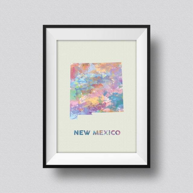 New Mexico Map Usa Watercolor Art Print Ink Splash Poster Canvas