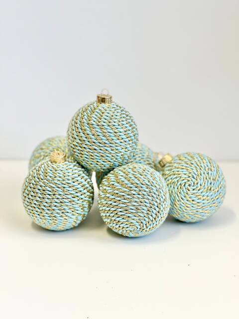 Handmade Blue & Gold Christmas Ball Ornament Yarn Wrapped - image 1