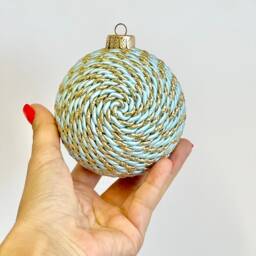 Handmade Blue & Gold Christmas Ball Ornament Yarn Wrapped - thumbnail 3