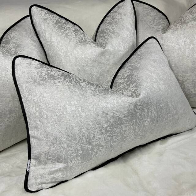 Luxury White Piped Cushion Cover, Diana White Pillow Cover, Designer Throw Cover Sofa Bed, - Silver Shimmer /Black Piping - image 1