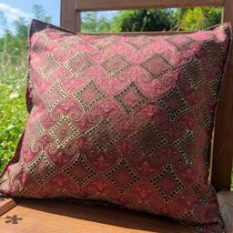 Red Cushion Cover With Golden Metallic Glow, Hippie Cover, Sofa Pillow, Burgundy Cushion, 18 - thumbnail 3