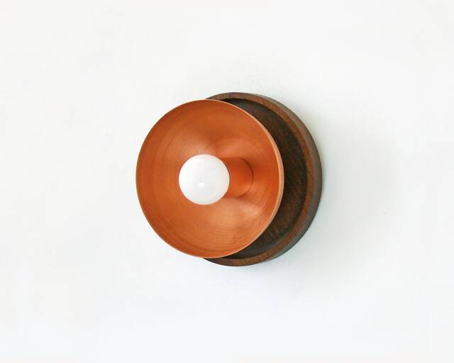 Copper & Walnut Round Sconce Light Wall Lighting Kitchen Vanity Fixture Mud Room - image 1